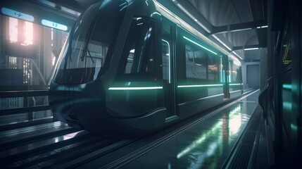 Conceptual design of a fast electric subway in a futuristic city, featuring harmonious overlays and blending 3D digital illustration with matte painting. Created by AI.