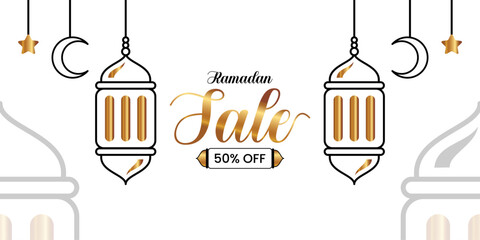 Wall Mural - Ramadan sale decorative greeting banner with lanterns and moon vector design