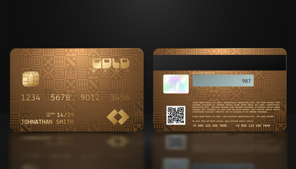 vector realistic gold credit card with abstract folk geometric background. golden credit card luxury