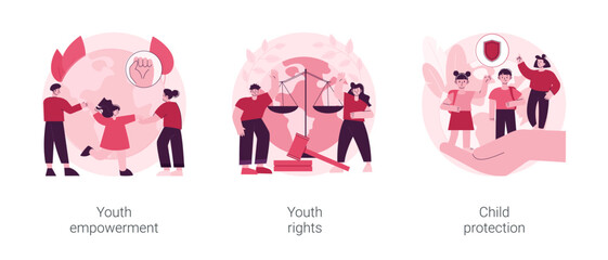 Wall Mural - Young people rights protection abstract concept vector illustration set. Youth rights and empowerment, child protection, take action, improve life quality, involvement, voting age abstract metaphor.