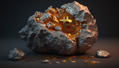Wall Mural - Bitcoin in stone - Witness the power of cryptocurrency with this stunning photo of Bitcoin's rising chart - ai generated