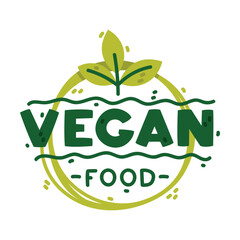 Sticker - Ecology Badge and Green Eco Label with Vegan Food Inscription Vector Template