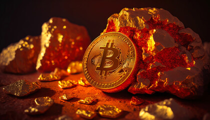 Wall Mural - Bitcoin in stone - Stay ahead of the game with this photo of BTC's increasing value and the cryptography - ai generated