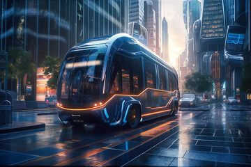 A state-of-the-art autonomous van moves confidently amidst awe-inspiring glass skyscrapers, showcasing the future of city transportation