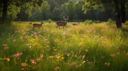 Canvas Print - An idyllic meadow with wildflowers and grazing deer Generative AI