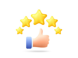 Wall Mural - Customer satisfaction 3d icon. Quality review feedback with stars. Rate best service with thumb up hand. Client service review. Rate customer satisfaction, high quality. User feedback stars. Vector