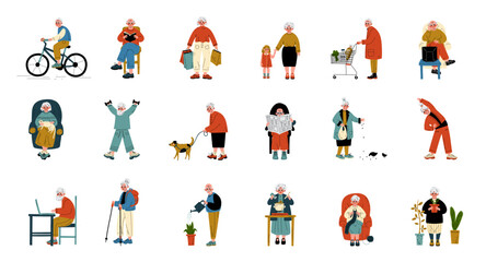 Elderly people hobbies set. Older men and women walking, reading books, cycling, shopping, gardening, cooking and knitting vector illustration