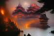 Japoński pałac w mrocznej scenerii. Orientalna świątynia w płomieniach. abstrakcja. Generative AI