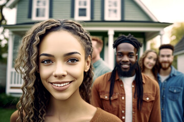 multiethnic people stand in front of small family house with small garden, satisfaction and joy, young girl or teenager and friends or family on background. Generative AI