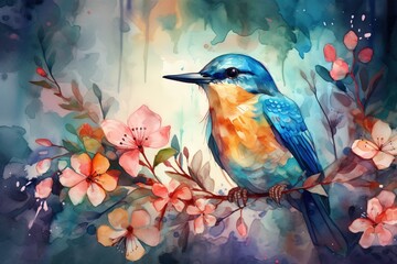 Poster -  a painting of a blue bird sitting on a branch with pink flowers on a watercolor background with a blue sky and clouds behind it.  generative ai