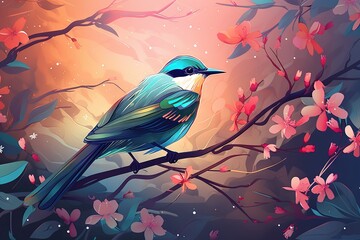 Poster -  a colorful bird sitting on a branch of a tree with pink flowers in the foreground and a pink sky in the background with stars.  generative ai