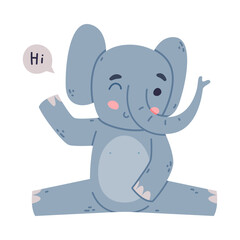 Wall Mural - Funny Elephant with Large Ear Flaps and Trunk Greeting Saying Hi Vector Illustration