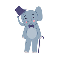 Wall Mural - Funny Elephant with Large Ear Flaps and Trunk in Bow Tie with Cane and Top Hat Vector Illustration