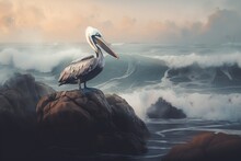  A Pelican Is Sitting On A Rock In The Ocean With A Wave Crashing Behind It And A Bird With A Long Beak Is Standing On Top Of A Rock.  Generative Ai