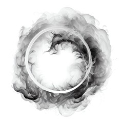 Wall Mural - Black swirling smoke circle frame isolated on white background. Black color abstract smooth flowing vapour. Ai generated geometric circle frame design.