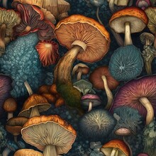 Seamless Floral Background With Various Mushroom Types, Vintage Botany Books Style Illustration On Dark Background, AI Generative
