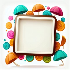 Wall Mural - An empty square frame with colorful painted mushrooms on white background. Ai generated abstract illustration with a square frame with bright colorful fungus.