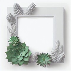 Wall Mural - An empty square frame with green and white succulent plants on white background. Ai generated abstract illustration with a square frame with green and grey succulents.
