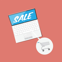 Wall Mural - Sale symbol on notebook screen and shopping cart icon - vector