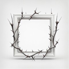 Wall Mural - An empty square frame with grey thorns on white background. Ai generated abstract black and white illustration with a square frame with sharp spikes.