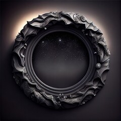 Wall Mural - An empty ornamental stone circle frame on black background. Detailed natural cracked rock texture. Ai generated abstract illustration with a circle frame made of stone with backlight.