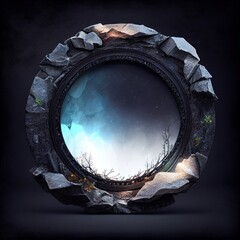 Wall Mural - A stonelike circle frame with plants on black background. Detailed natural rock texture with dream light. Ai generated abstract illustration with a stone circle frame and plants.