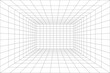 Room projection grid in futuristic 3d style. Outline futuristic grid background, room projection. Wireframe grid template in perspective view. Vector