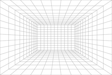 Room projection grid in futuristic 3d style. Outline futuristic grid background, room projection. Wireframe grid template in perspective view. Vector