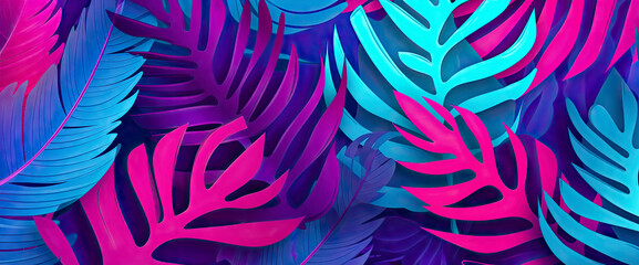 Wall Mural - Abstract background with tropical leaves in magenta and azure - Generative AI