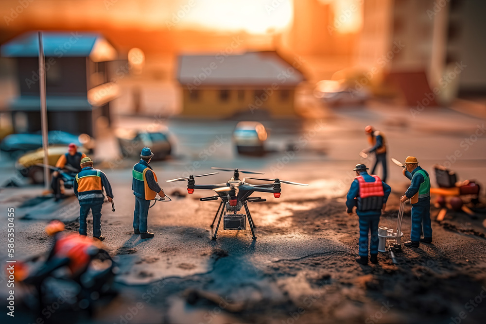Team of engineers inspects the engines of a drone. Tiny workers ...