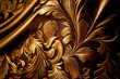 Luxurious gold brocade draped fabric with embroidered floral pattern, textile background. Generative AI