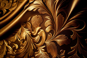 Wall Mural - Luxurious gold brocade draped fabric with embroidered floral pattern, textile background. Generative AI