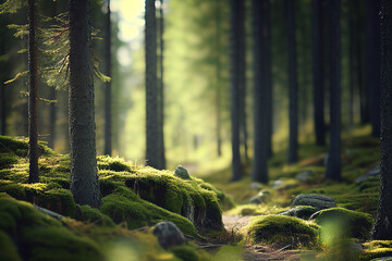 scandinavian forest with many trees, lots of green moss made with generative ai
