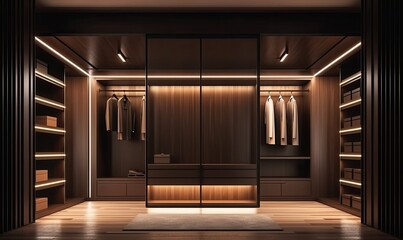 Luxury, modern design of walk in closet with stainless frame, wooden wardrobe, generative AI