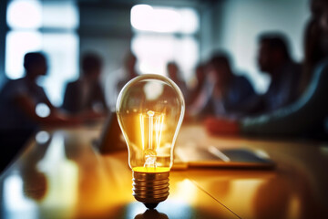 Wall Mural - Eureka Moment, Light Bulb on a meeting table glowing during an intense brainstorm with people thinking and talking around a meeting table of business ideas for a startup. Generative AI 