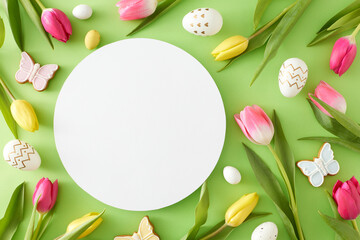 Wall Mural - Easter celebration idea. Top view composition of white circle colorful easter eggs butterfly cookies and tulips flowers on light green background with blank space