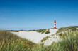 Red and white striped tall building of lighthouse against blue clear sky. Sand ground with green grass in foreground.