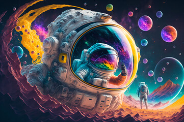 Wall Mural - colourful astronaut around bubbles-like planets in space, colorful illustration pop art, generative 