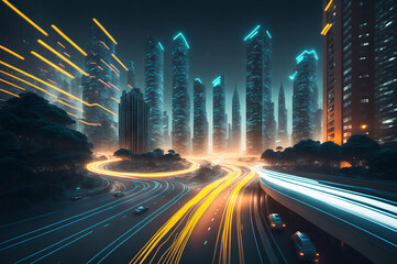 Wall Mural - high-speed traffic at night in a technological metropolis city with glowing lines in the highway amo