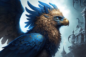 Wall Mural - azure horizons – awakening the imagination with a regal griffin generative ai