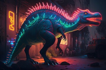 Back from Extinction: The Captivating Illustration of a Neon Dinosaur Generative AI