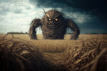Wall Mural - Beware the Terrifying Sentinel of Straw in the Field Generative AI