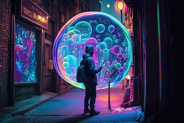 Wall Mural - beware! a radiance ahead - exploring the labyrinth of vibrant neon bubbles generative ai