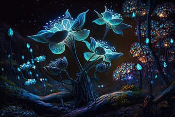 Wall Mural - Bioluminescent Blooms in a Galactic Arboretum Generative AI