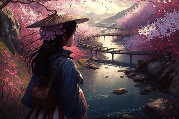 Wall Mural - blissful escapade through a river of blossoms generative ai