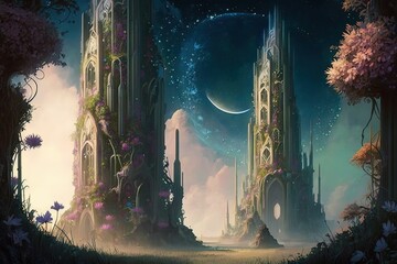 Wall Mural - cosmic cityscape of glistening towers overgrown with nature's bounty. generative ai