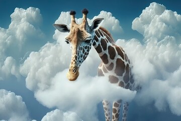 Wall Mural - Dancing on the Clouds: A Giraffe's Dreamland Generative AI