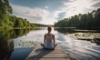 © Enigma - A woman practicing yoga and meditating on the shore of a lake on a summer background, generative AI