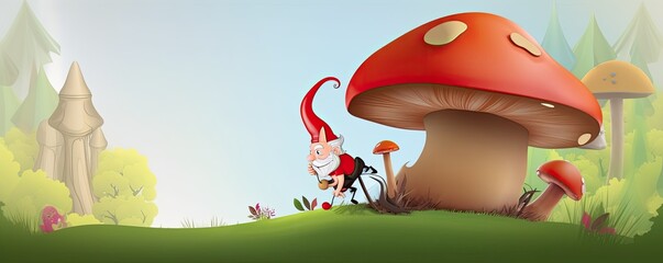 Wall Mural - banner, empty space. Cute, Cartoon, gnome, Character with Room for Copy. Empty flat background. Generative ai