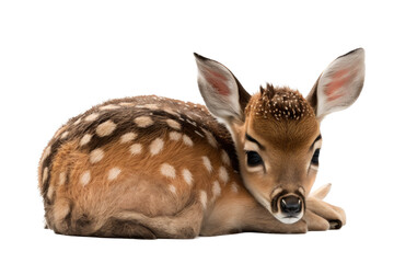 a spring-themed illustration photo featuring an isolated cute baby deer fawn laying down set on a tr